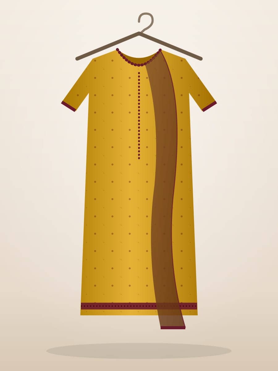 Mustard Khaddar Garm Suit on a hanger